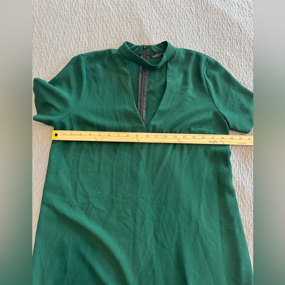 Zara Womens M Choker V Neck Plunge Shift Mini Dress Forest Green Boho Short Fun - Picture 12 of 14